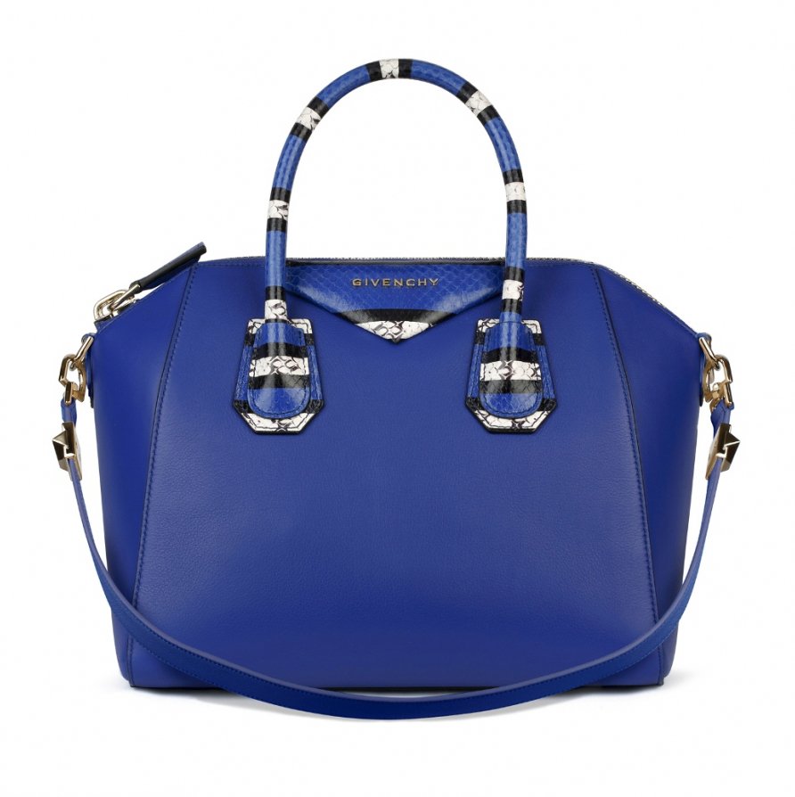 Small Antigona bag in bright blue smooth leather with details in striped ayers