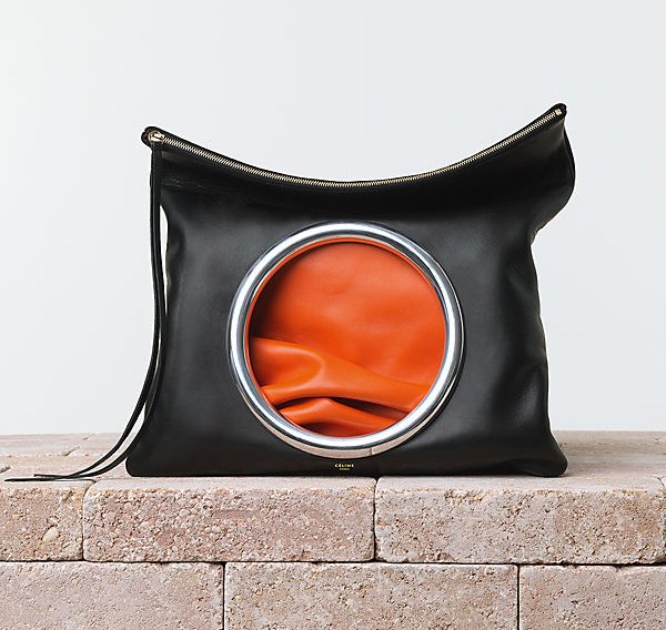Celine-Soft-Pouch-Eyelet-Handbag-in-Nappa-Lambskin-Black-Orange