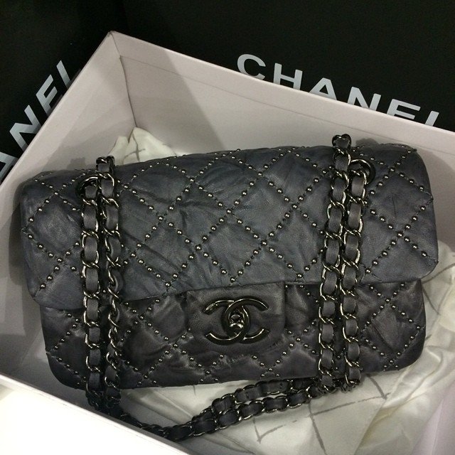Chanel-Studded-Fla-Bag-Grey
