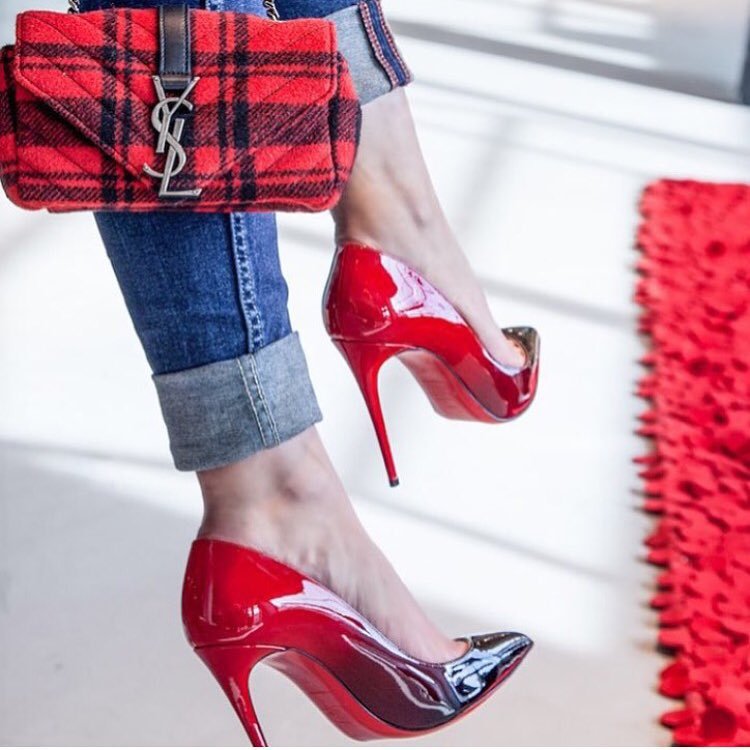 A-Pair-Of-Red-Pumps-and-Saint-Laurent-Baby-Tartan-Bag
