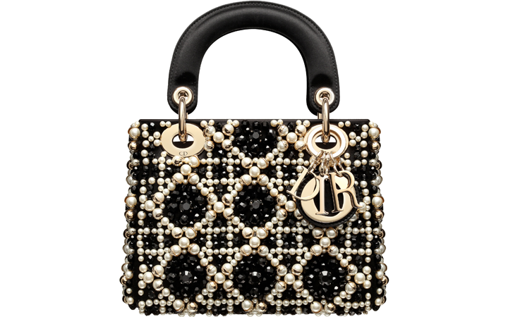 Lady Dior micro bag in satin embroidered with black and white pearls 1