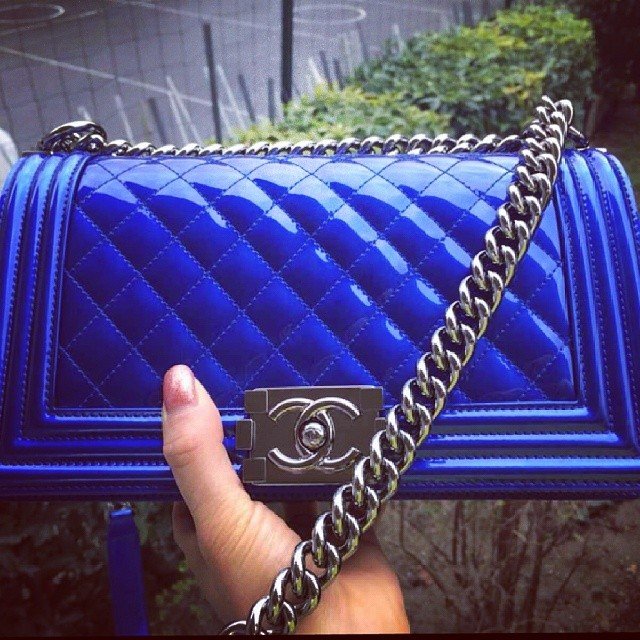 Chanel Blue Quilted Patent Leather Medium Boy Bag