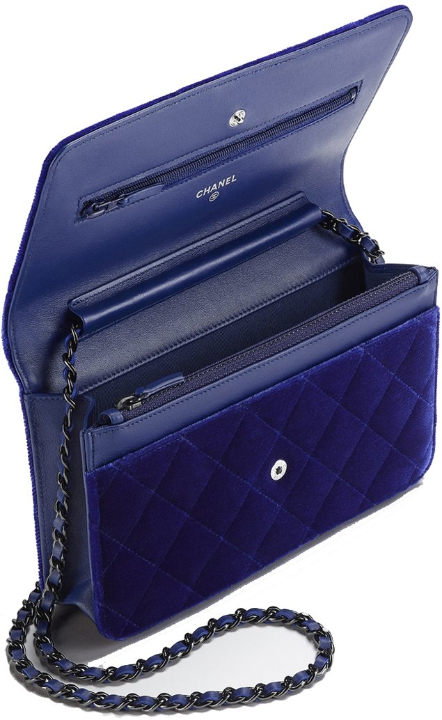 Chanel Electric Blue Velvet Classic Quilted Wallet On Chain (WOC) at  1stDibs