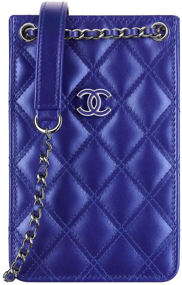 Chanel Quilted Phone Holder with Chain Paradise Blue Caviar