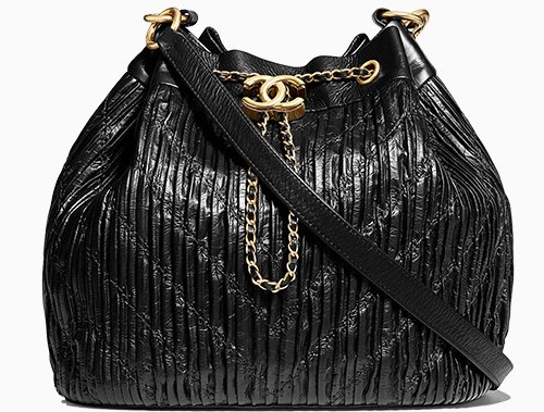 Chanel Iridescent Crumpled Calfskin Coco Pleats Small Drawstring Bag Black  
