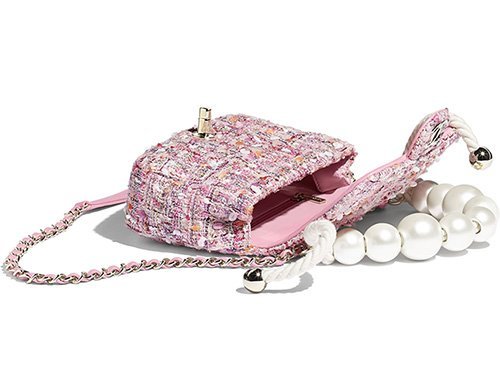 Chanel Spring 2019 Pearl Handle Tweed Flap Bag Pink Metal ref