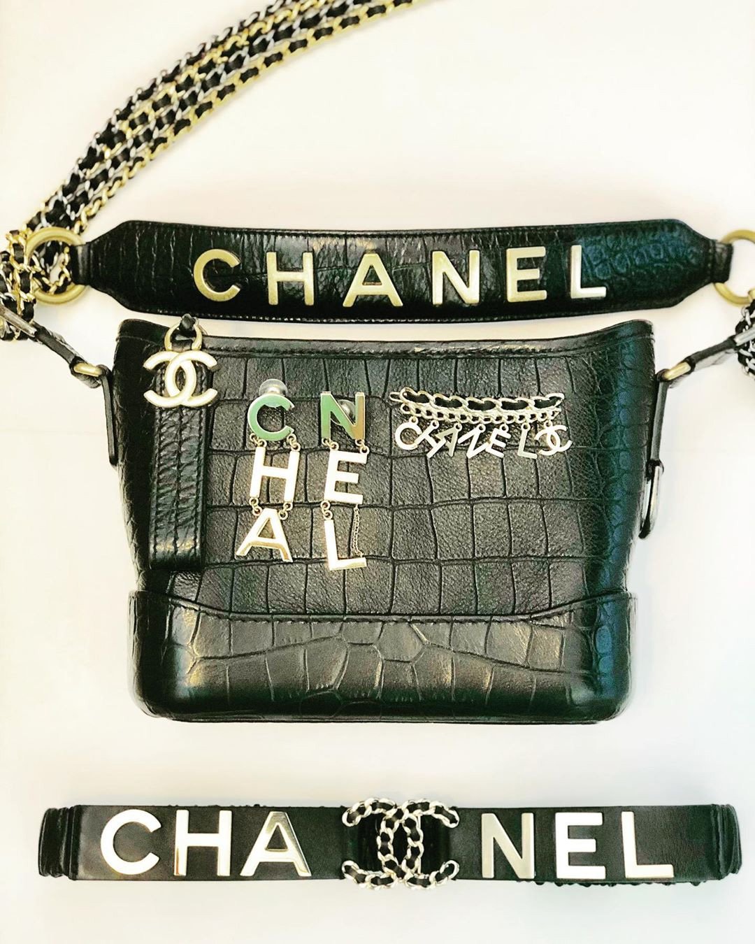 chanel gabrielle bag small crocodile embossed calfskin - clothing