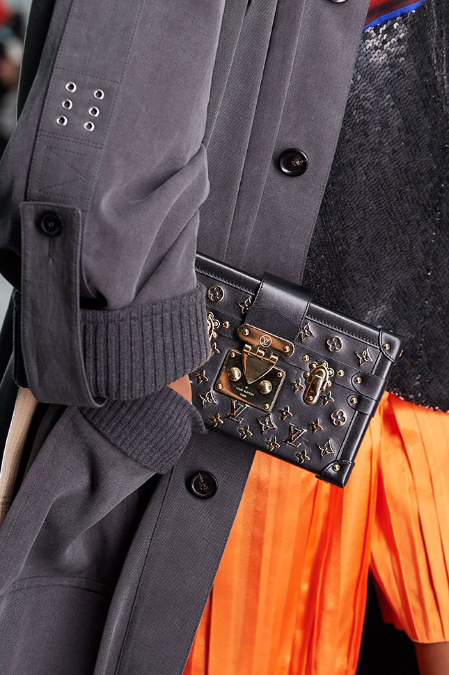 Red Glasses, Plaid Scarf, Navy Coat, Louis Vuitton Bag — bows & sequins