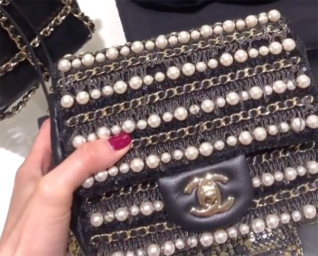 Chanel Diagonal Pearl And Woven Leather Chain Bag