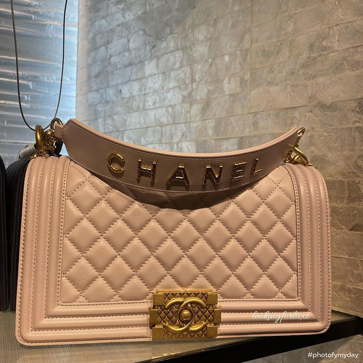 Chanel Boy Bag With Signature Strap And Quilted Logo