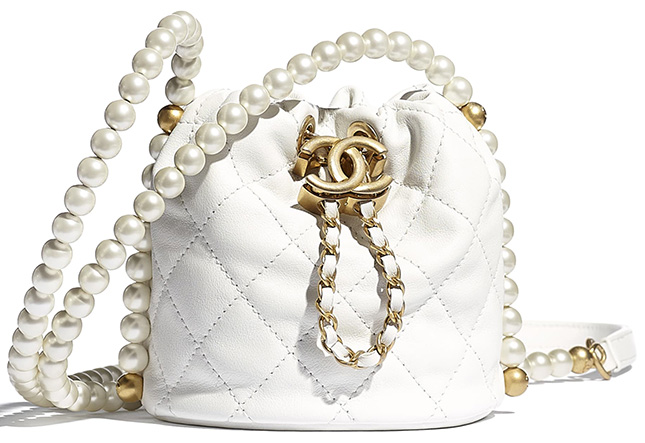 Chanel Mini Drawstring Bag Calfskin Pearl with Gold Metal White - NOBLEMARS