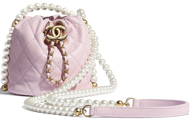 Chanel Drawstring Round Bucket Bag Pearl Embellished Quilted Lambskin