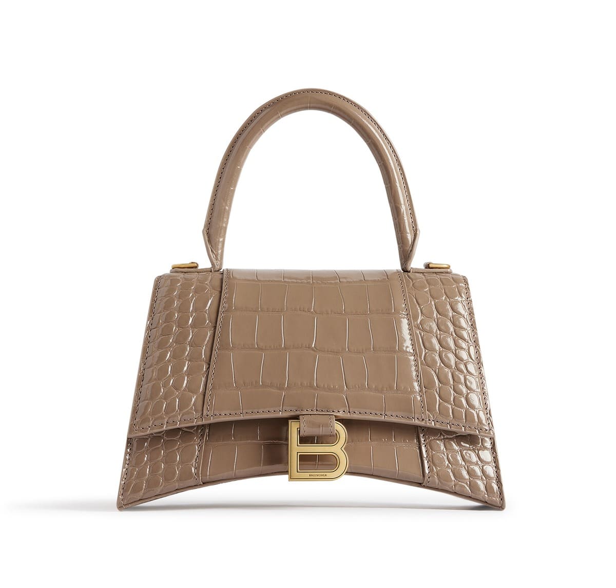 Balenciaga Hourglass Small Bag in Croc Embossed light brown