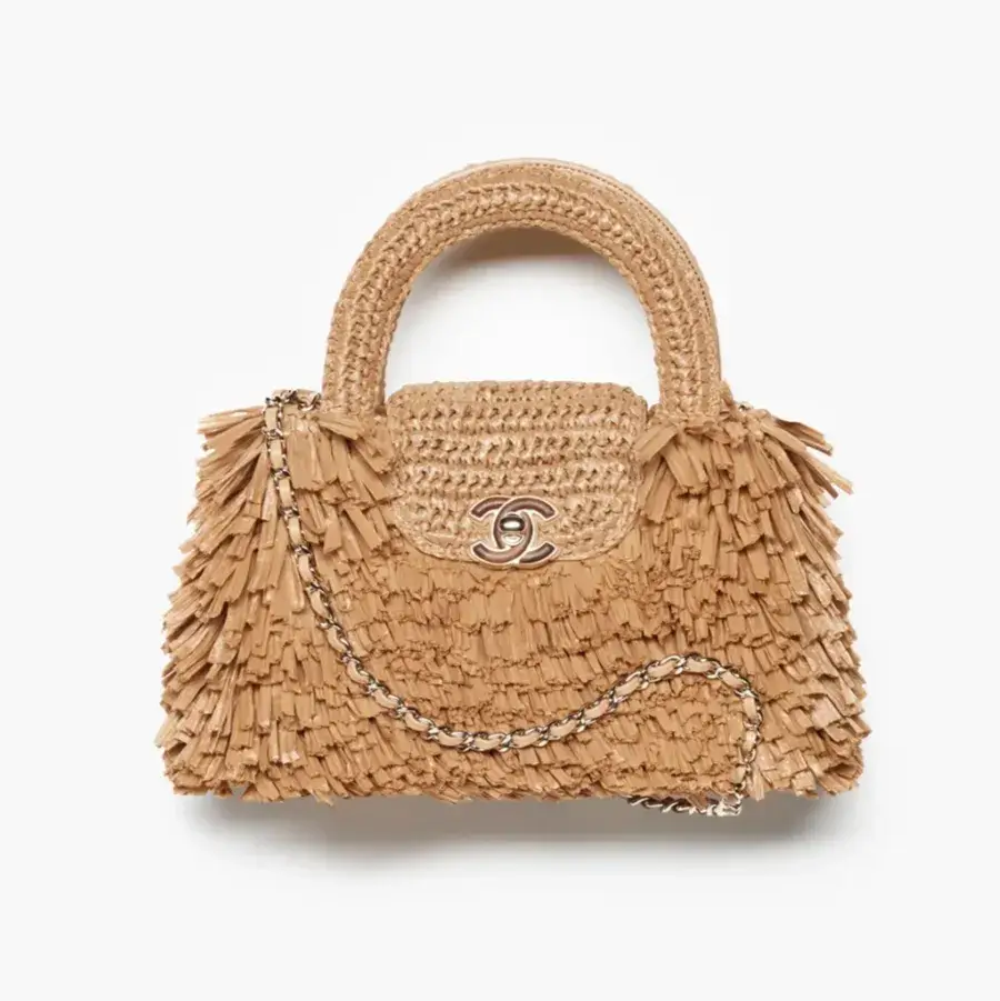 Chanel mini shopping bag raffia effect fabric wood gold tone metal AS4416B23791U5552