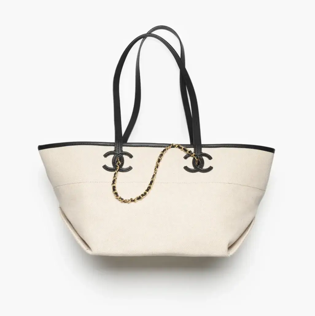 Chanel small shopping bag canvas calfskin gold tone metal AS6285B24238U9414