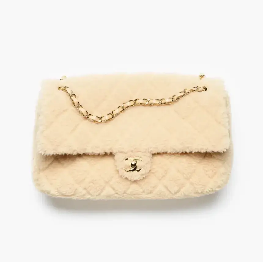 Chanel maxi flap bag shearling lambskin gold tone metal AS6627B25600U4037