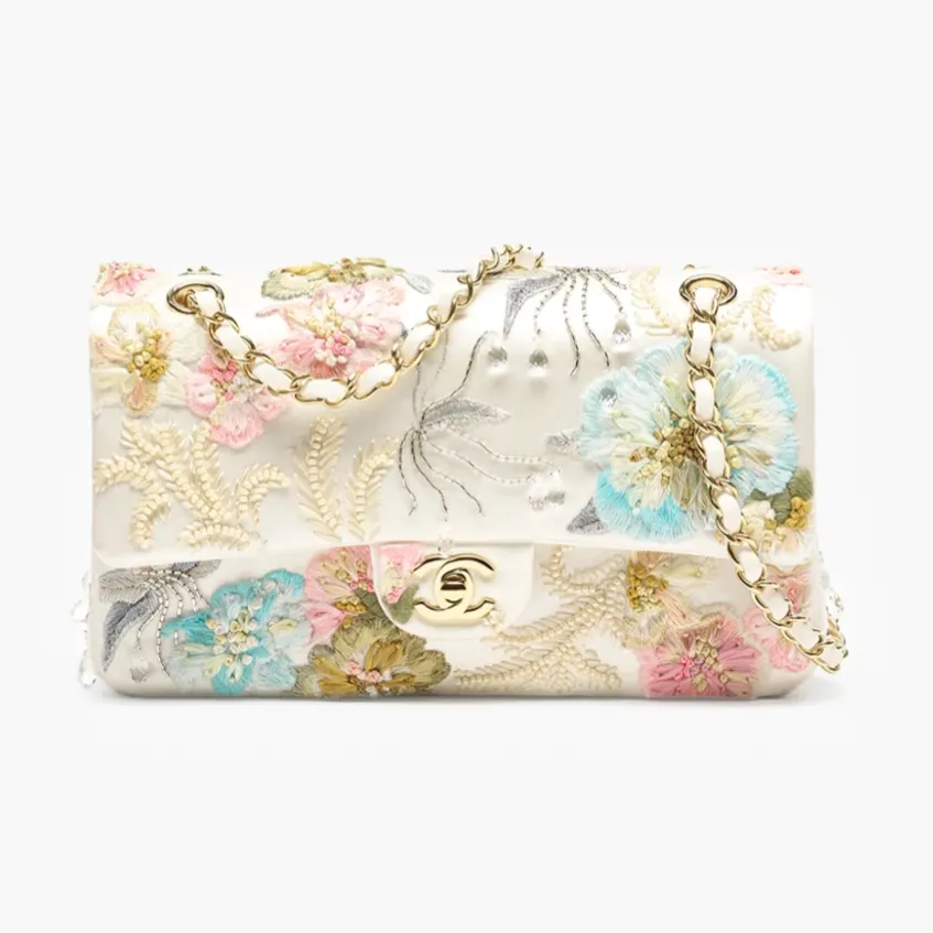 Chanel classic 11 12 handbag embroidered satin glass pearls gold tone metal A01112B26643UF217