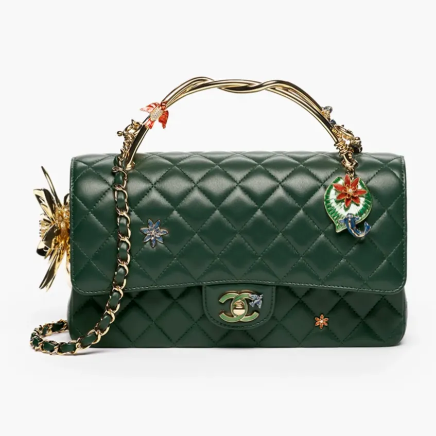 Chanel classic handbag with top handle lambskin enamel gold tone metal AS6587B25949UC879