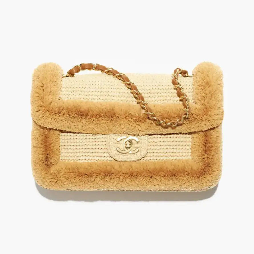 Chanel flap bag braided raffia gold tone metal AS6163B23740U8547