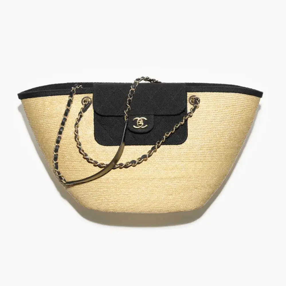 Chanel large shopping bag braided straw canvas lambskin gold tone metal AS5952B23640U8798