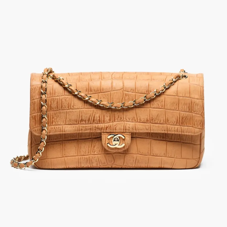 Chanel maxi flap bag suede crocodile calfskin gold tone metal AS6627B26736UD721