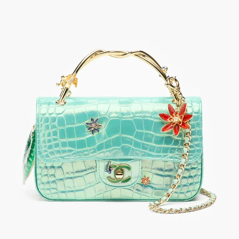Chanel mini classic handbag with top handle crocodile embossed iridescent calfskin enamel gold tone metal AS6624B26276UD719