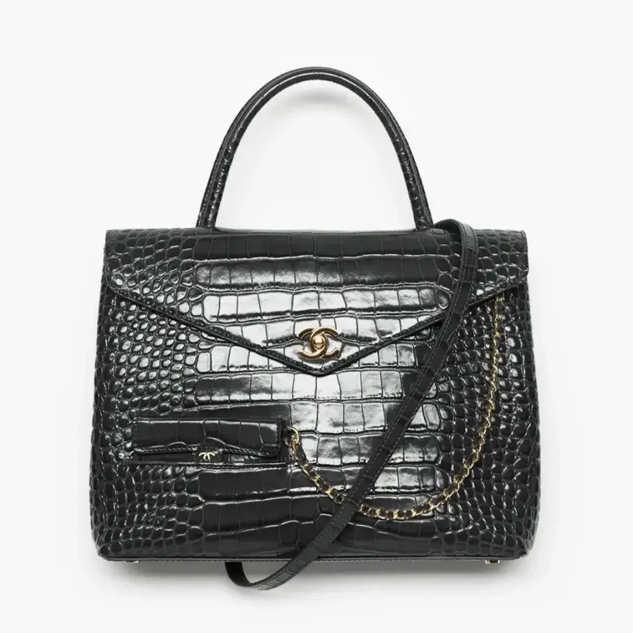 Chanel maxi flap bag with top handle crocodile embossed calfskin gold tone metal AS6309B25100UB068